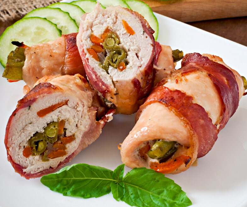 Pan fried chicken and bacon roulade